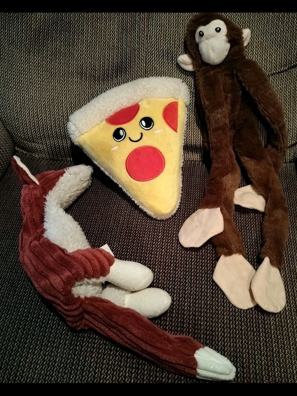 Set Of Three Dog Toys - Fox, Pizza And Monkey